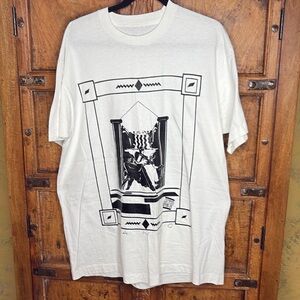 True 80s Vintage White Cotton T-Shirt Black Graphics Art Deco XL Oversized
